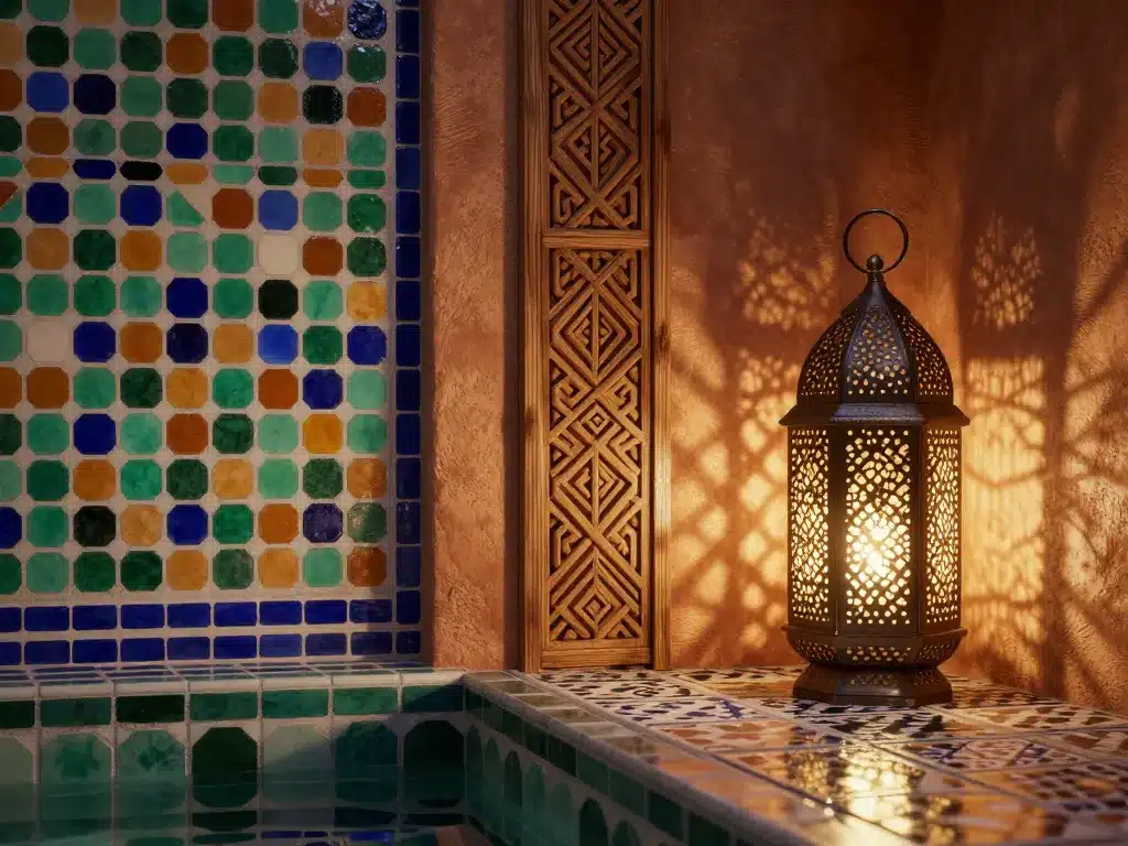 maison marocaine traditionnelle, détails déco zellige tadelakt bois sculpté et lanterne ajourée