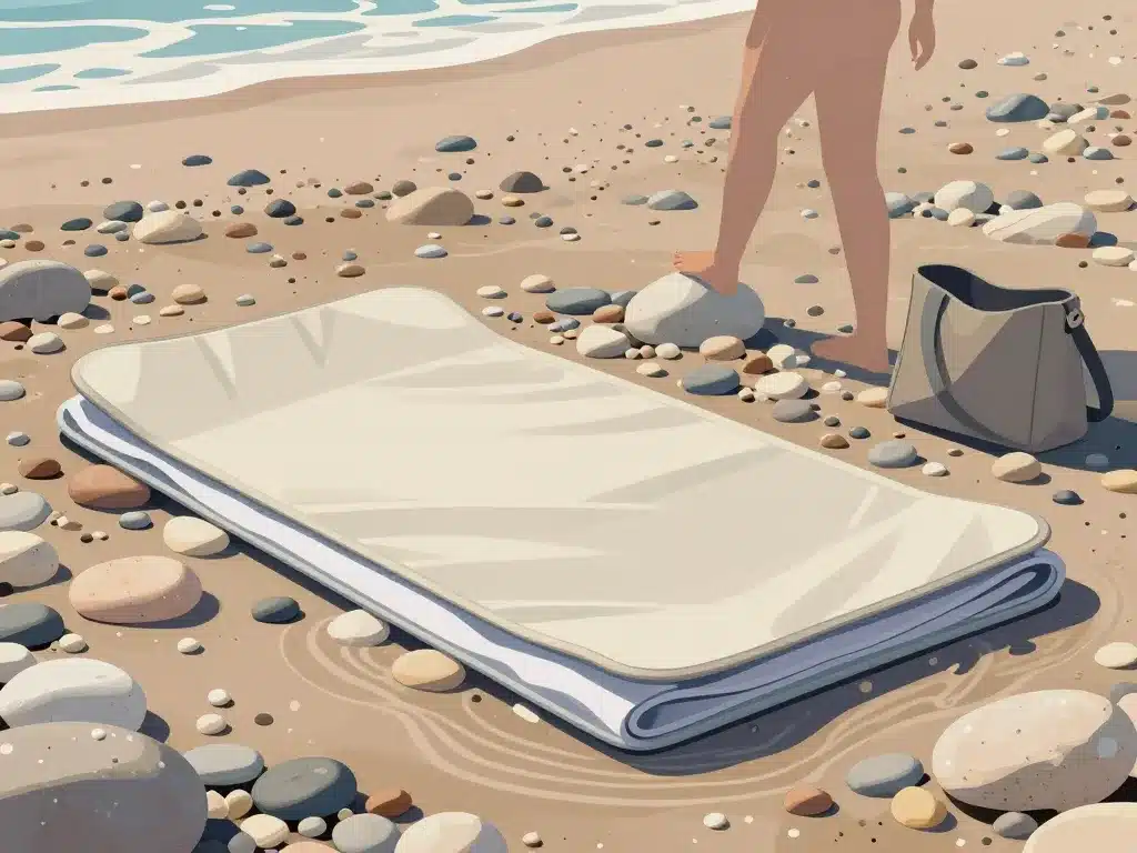 Scène d’installation matelas de plage pour galets avec serviette
