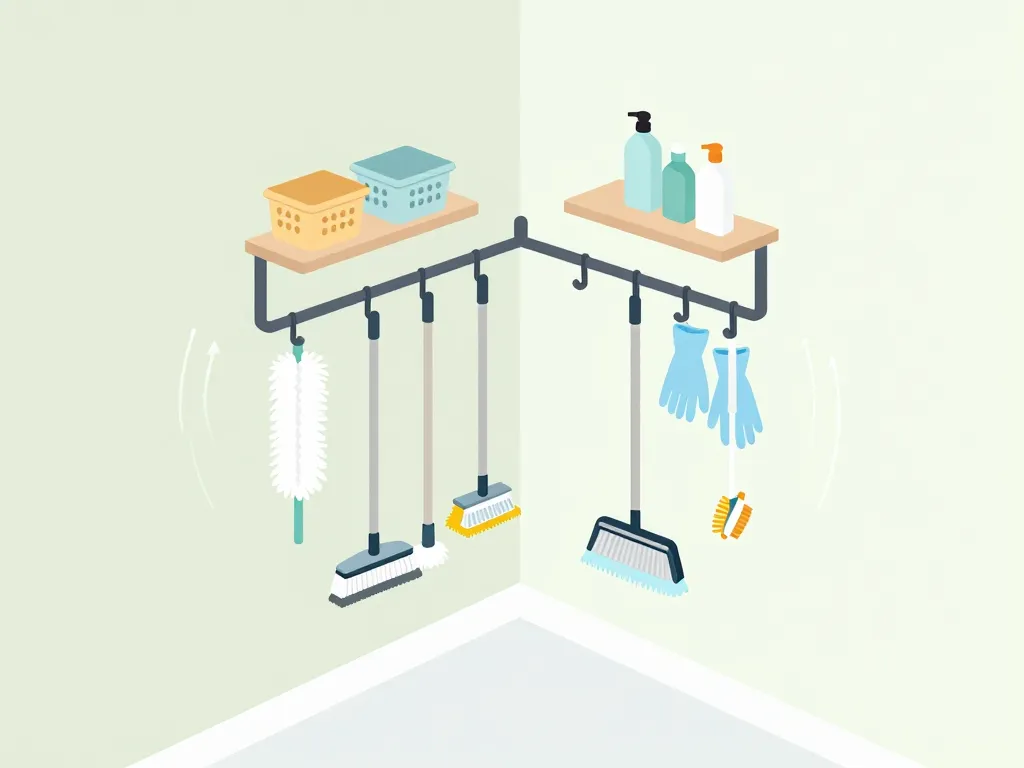 porte balai mural avec balais, crochets et étagères