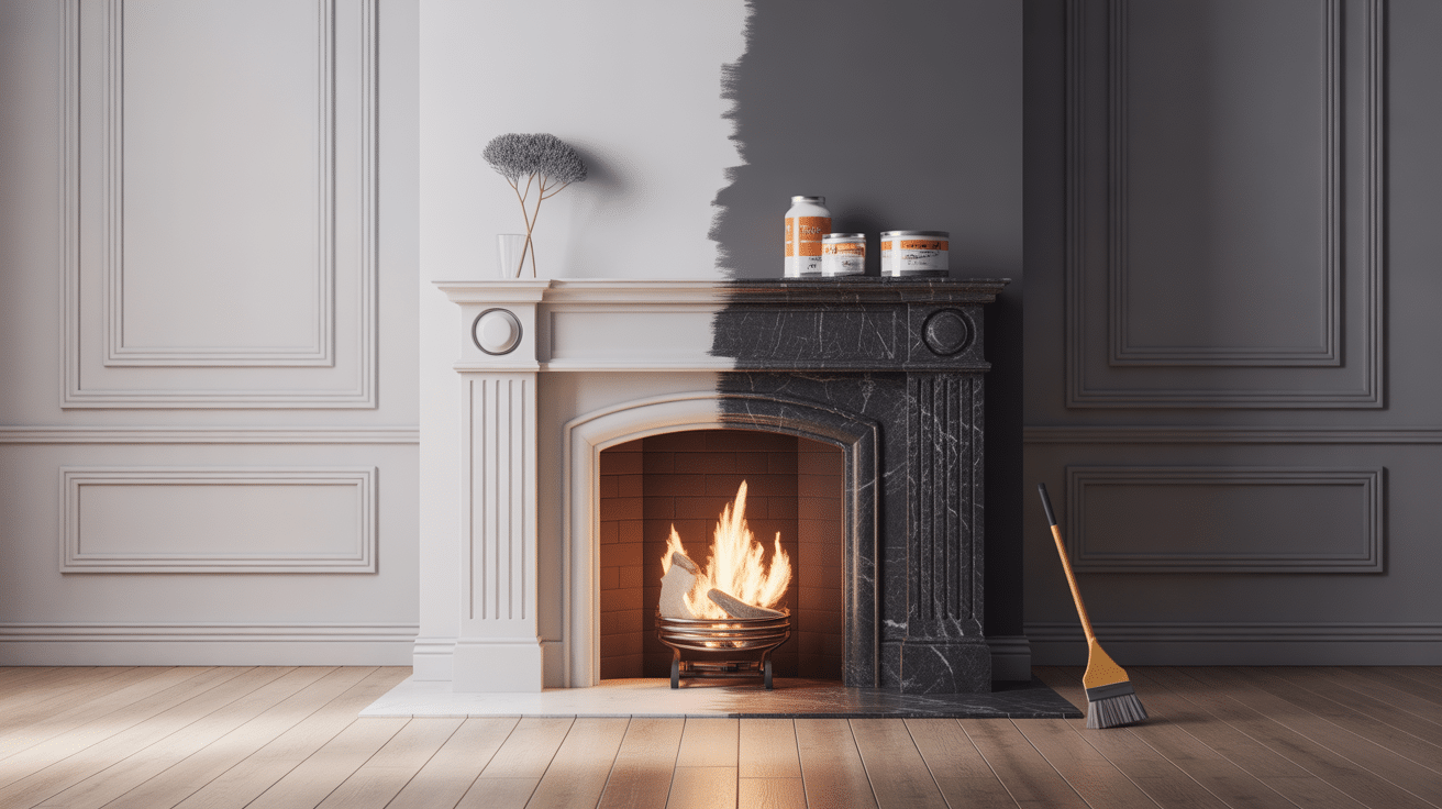 Peinture sur marbre cheminée, transformation avant après avec outils