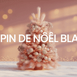 sapin de noel blanc avec deco or cuivre et lumieres chaudes