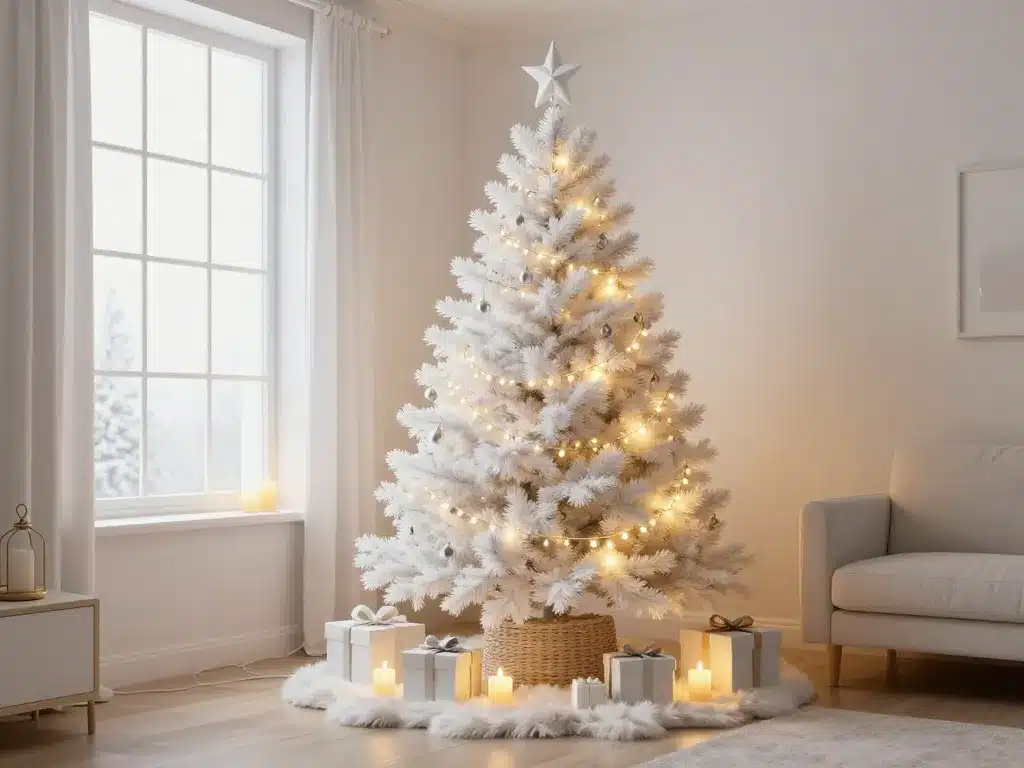 sapin de noel blanc bien place avec tapis et lumieres chaudes