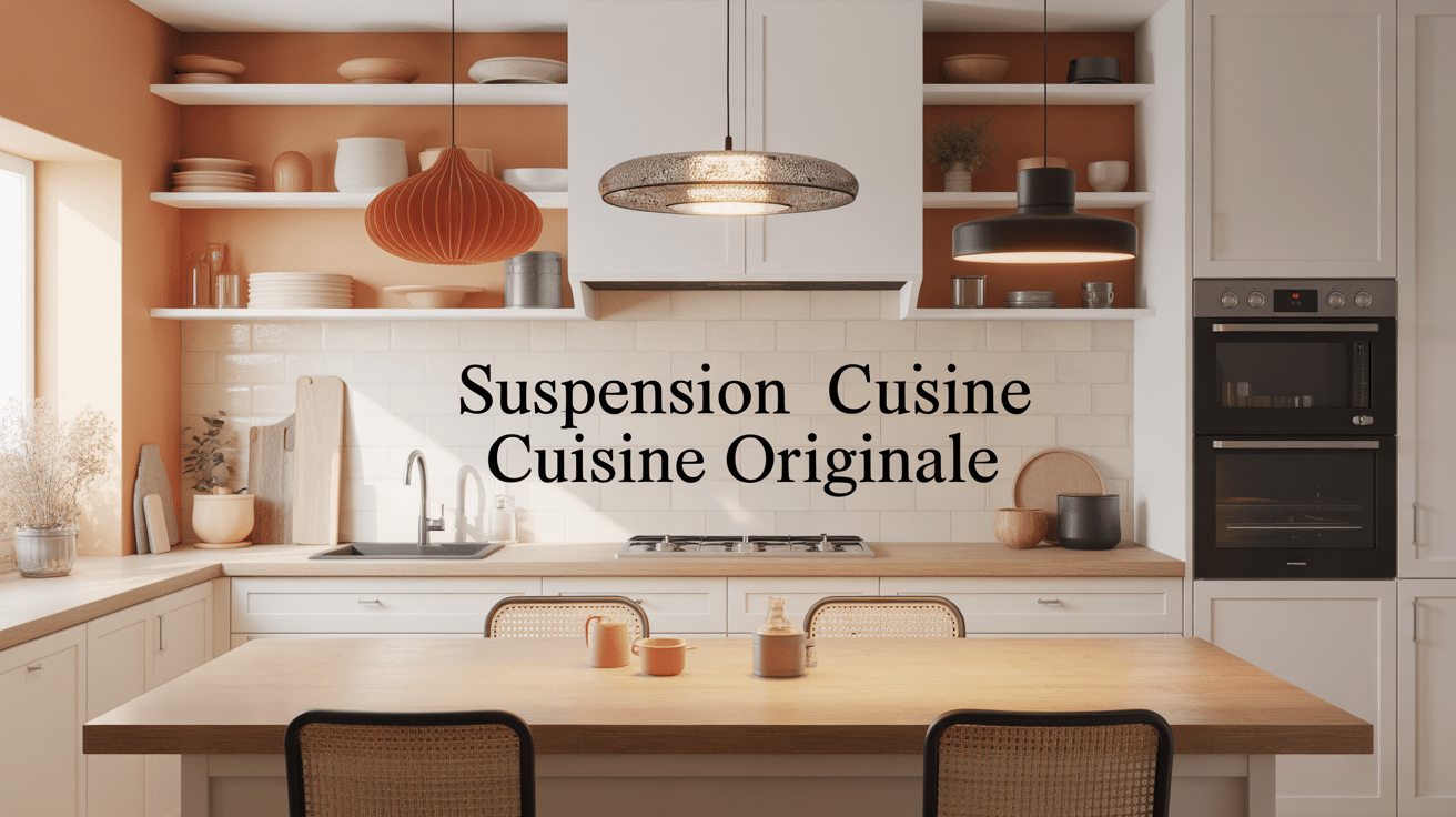 suspension cuisine originale sur îlot moderne, rotin verre métal