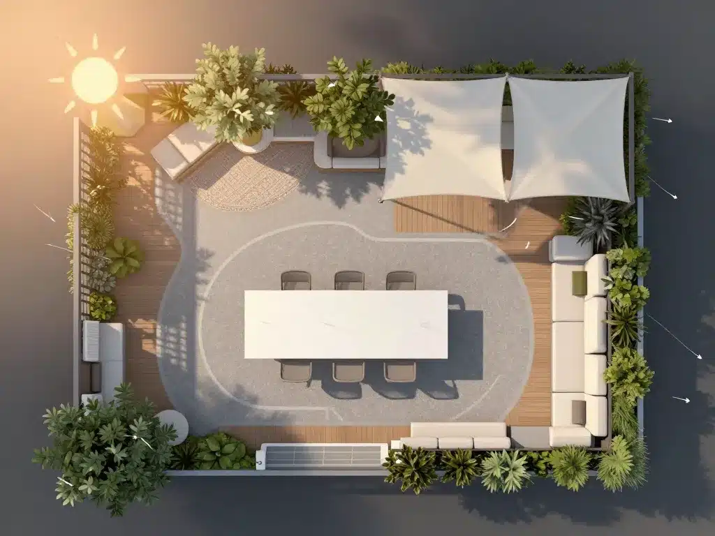 Schema terrasse guinguette zones repas salon circulation