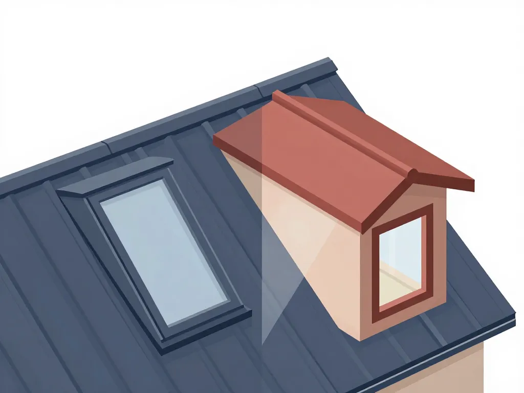 Schéma toiture chien assis comparée à velux, coupe combles