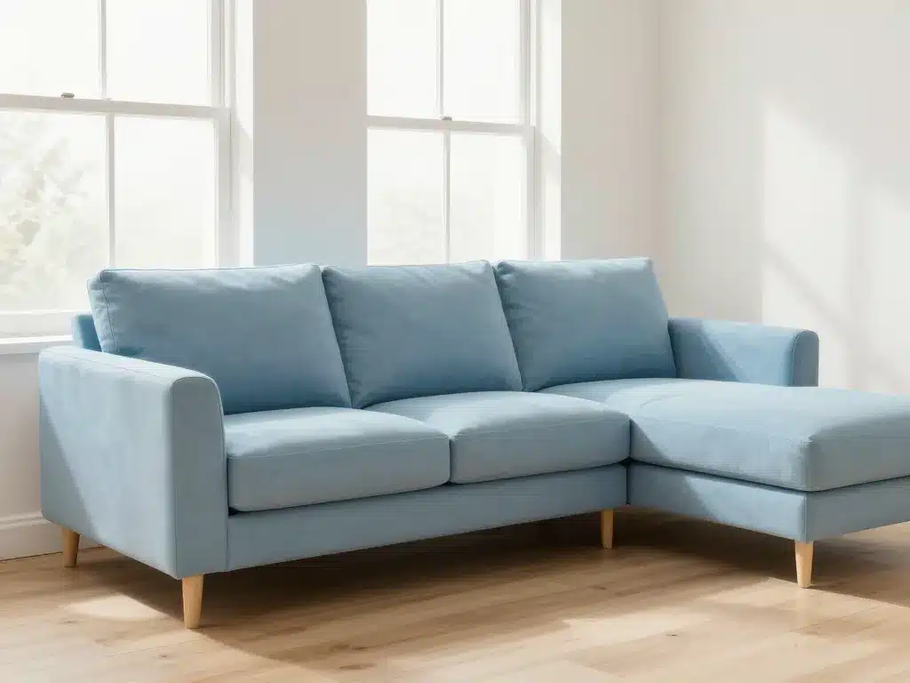 canapé bleu ciel adapté à la taille du salon