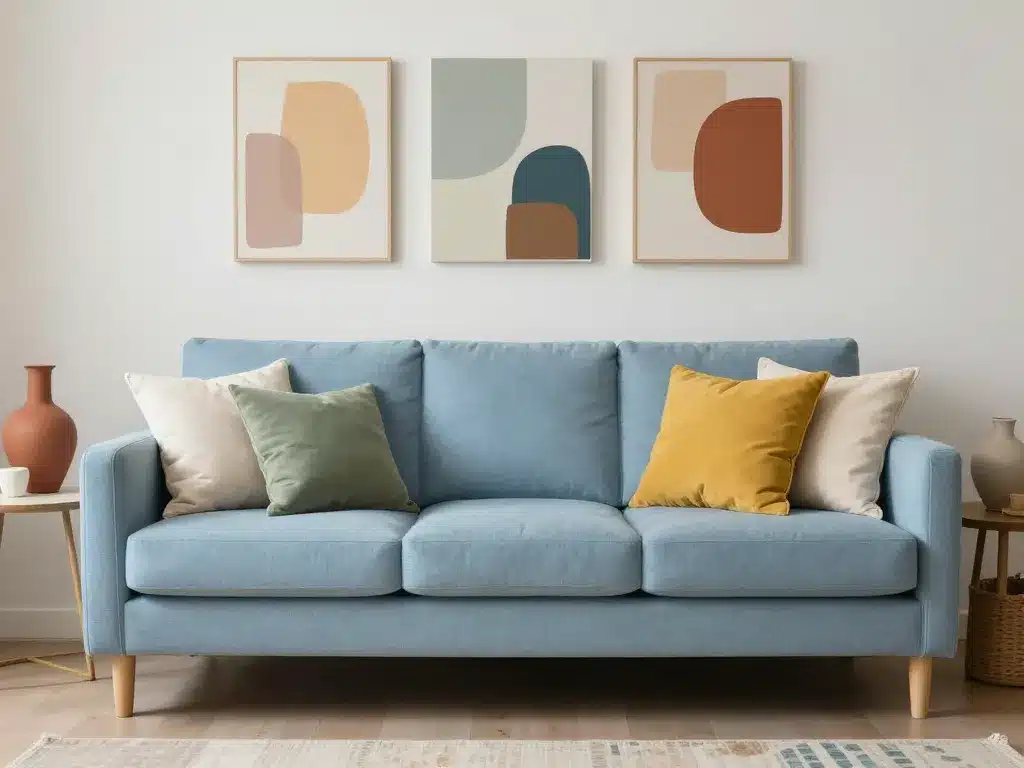 canapé bleu ciel avec couleurs assorties déco