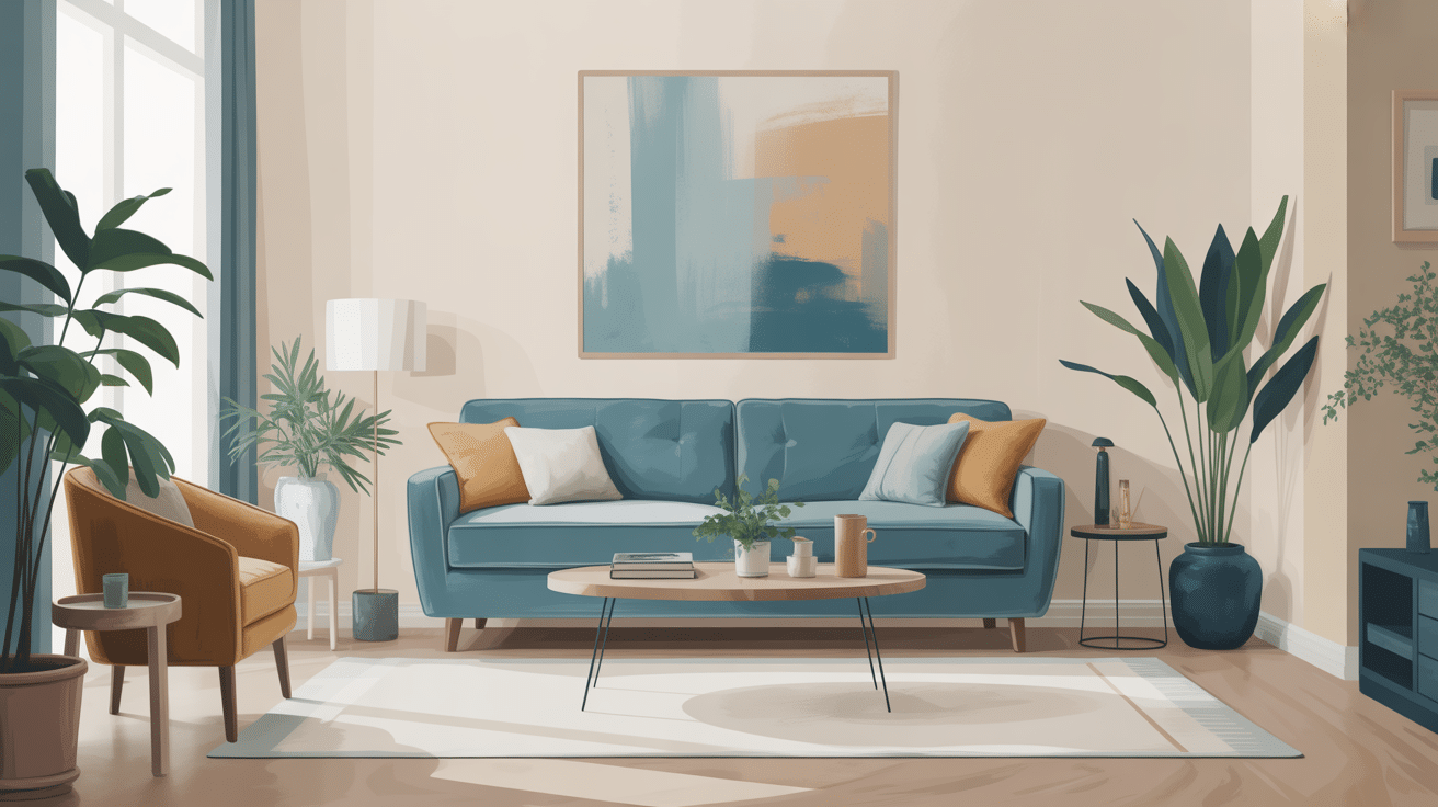 canapé bleu pétrole comme pièce maîtresse dans salon contemporain