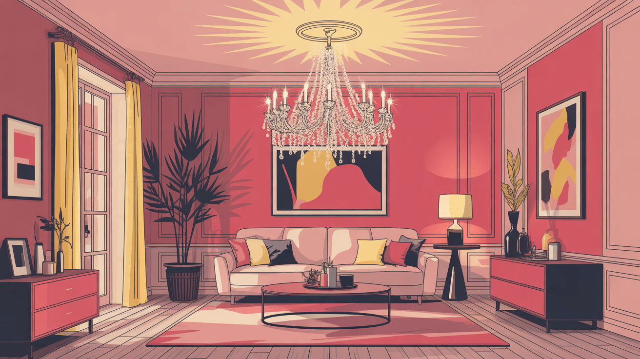 chandelier lustre au centre d’un salon moderne