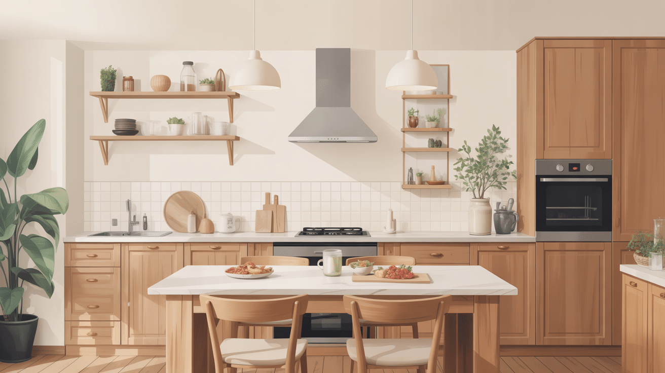 cuisine bois plan de travail blanc moderne îlot chaleureux