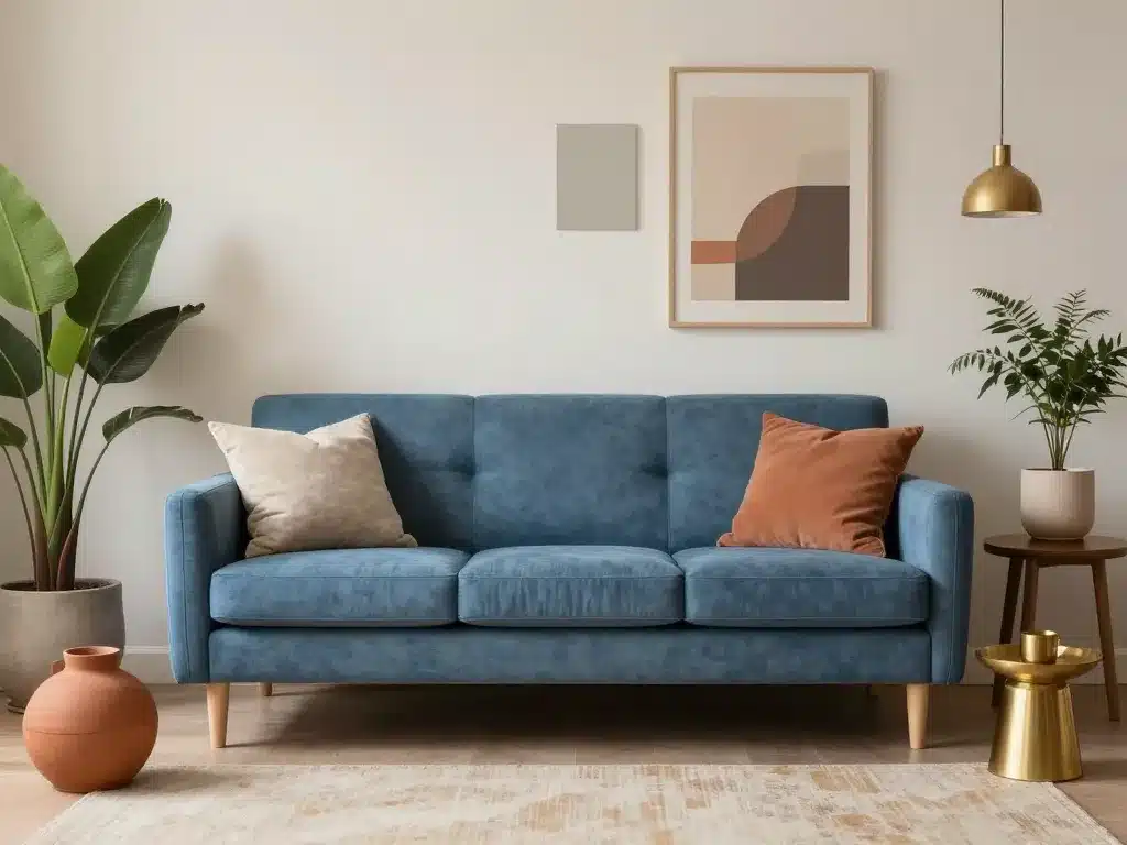 canapé bleu pétrole avec palette couleurs chaleureuses et neutres