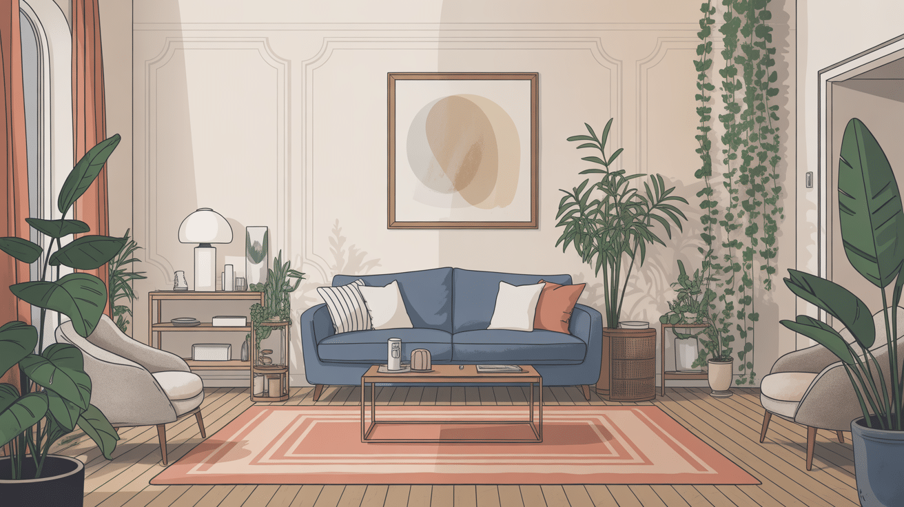 salon canape bleu moderne avec décoration chaleureuse