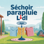 séchoir parapluie Lidl déployé au centre d'un jardin moderne, linge séchant