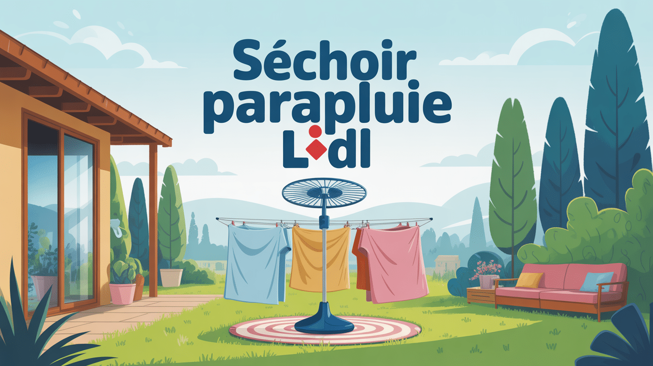 séchoir parapluie Lidl déployé au centre d'un jardin moderne, linge séchant