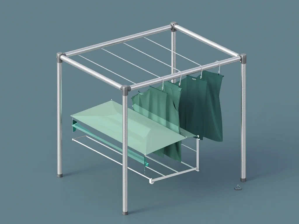 structure détaillée du séchoir parapluie Lidl, tubes métal, bras aluminium, ancrage au sol