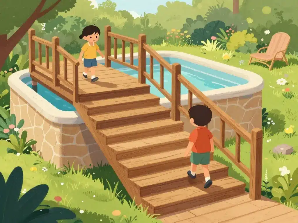 escalier bois piscine hors sol sécurisé enfants