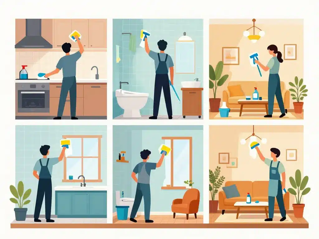 illustration nettoyage d'une maison par pièce