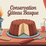 Illustration conservation gateau basque sur table avec accessoires