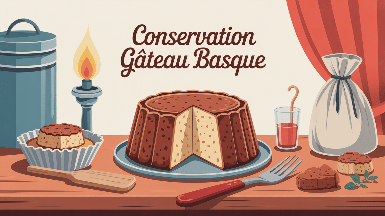 Illustration conservation gateau basque sur table avec accessoires