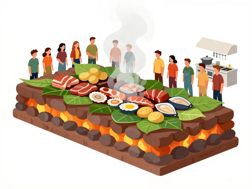 Diagramme curanto en hoyo cuisson traditionnelle moderne