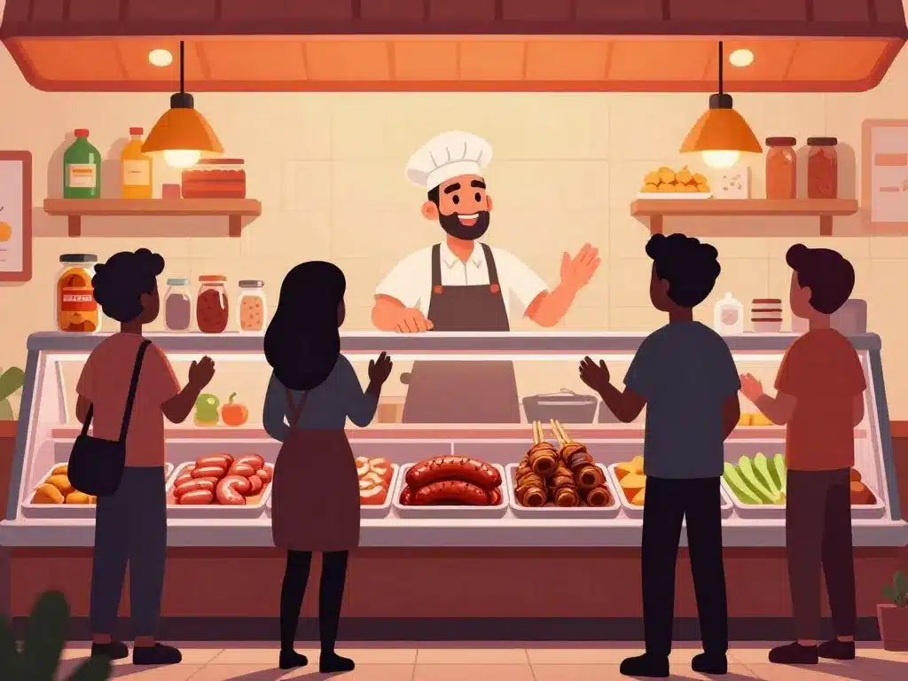 Scène expérience client spécialités boucherie halal Saint Cyprien