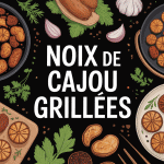 Griller des noix de cajou, assiette appétissante avec ustensiles et épices
