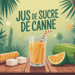 Jus de sucre de canne doré entouré de tiges fraîches