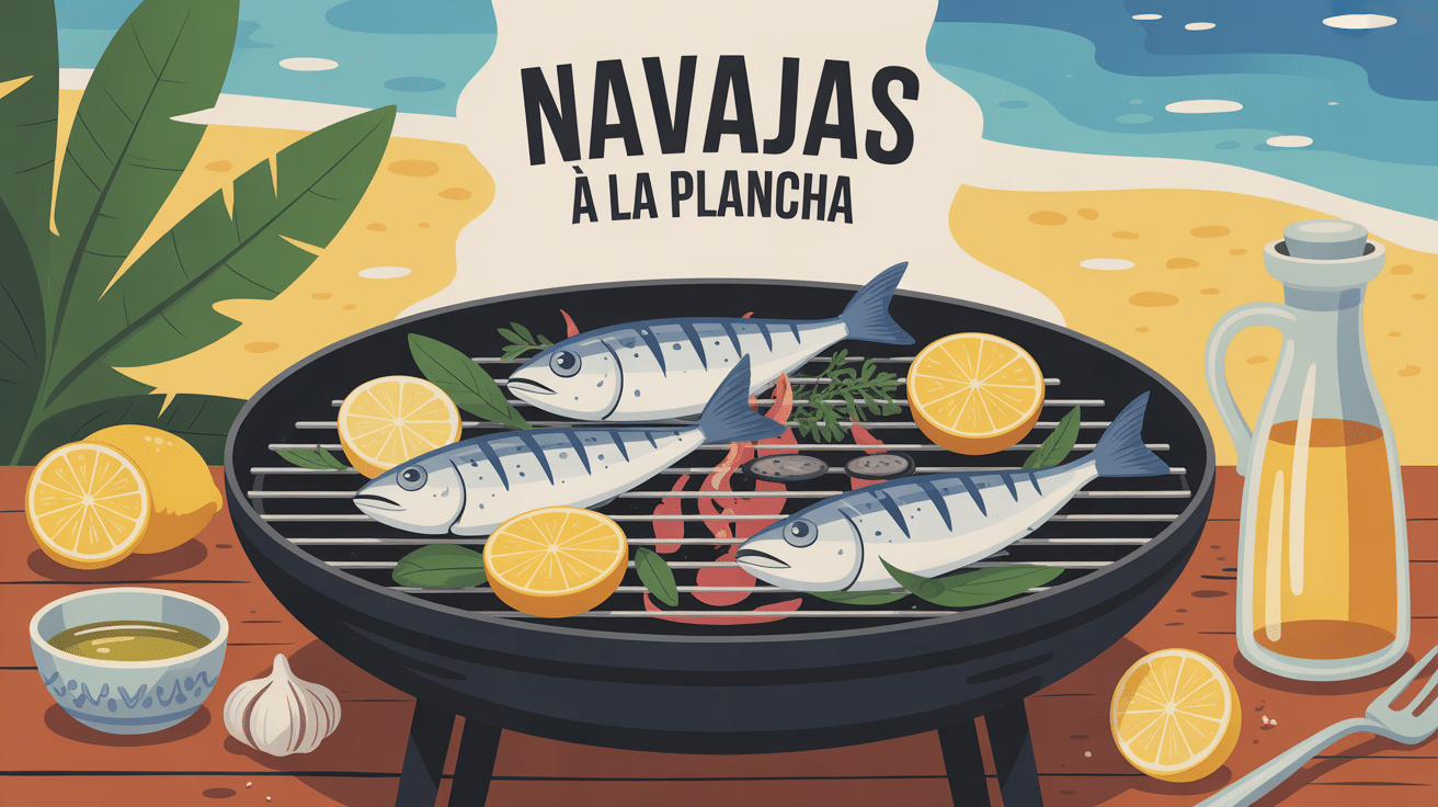 navajas a la plancha grillés sur plancha ambiance méditerranéenne