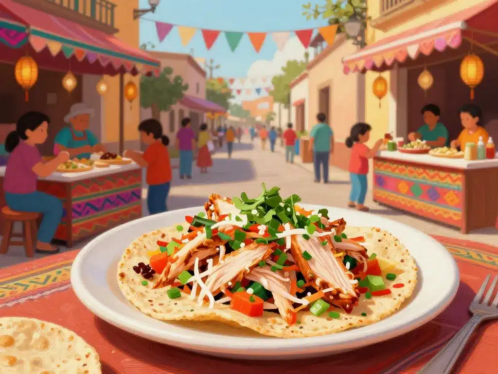 scène festive mexicaine autour du poulet tinga