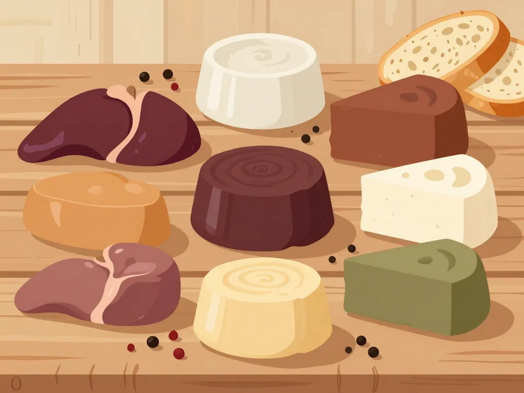 plusieurs patés de foie et ingrédients sur table rustique