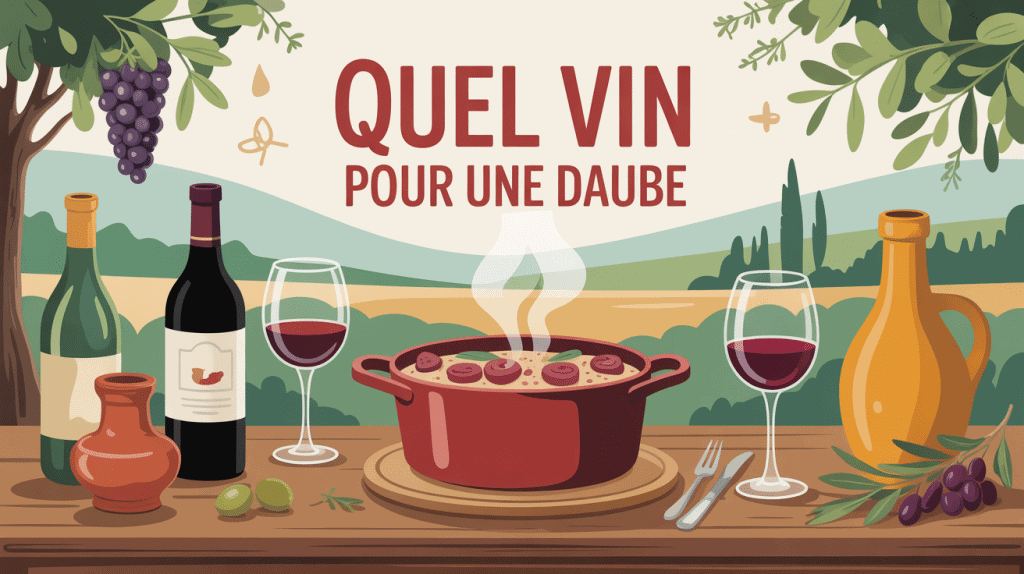 Quel vin pour une daube avec table rustique, vin rouge et cocotte