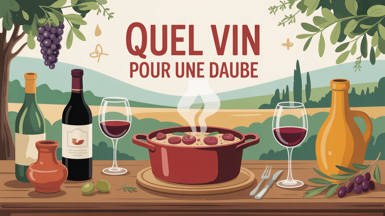Quel vin pour une daube avec table rustique, vin rouge et cocotte
