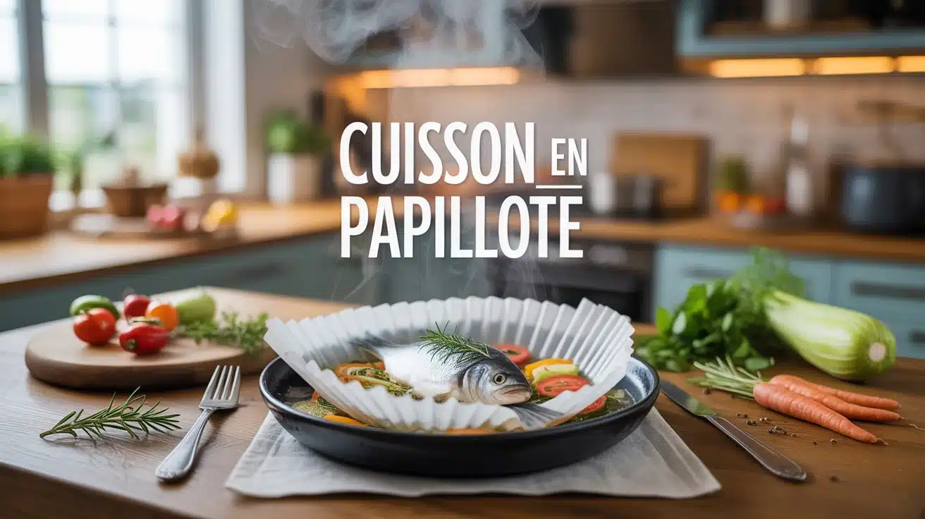 Plat de poisson en cuisson en papillote avec légumes frais