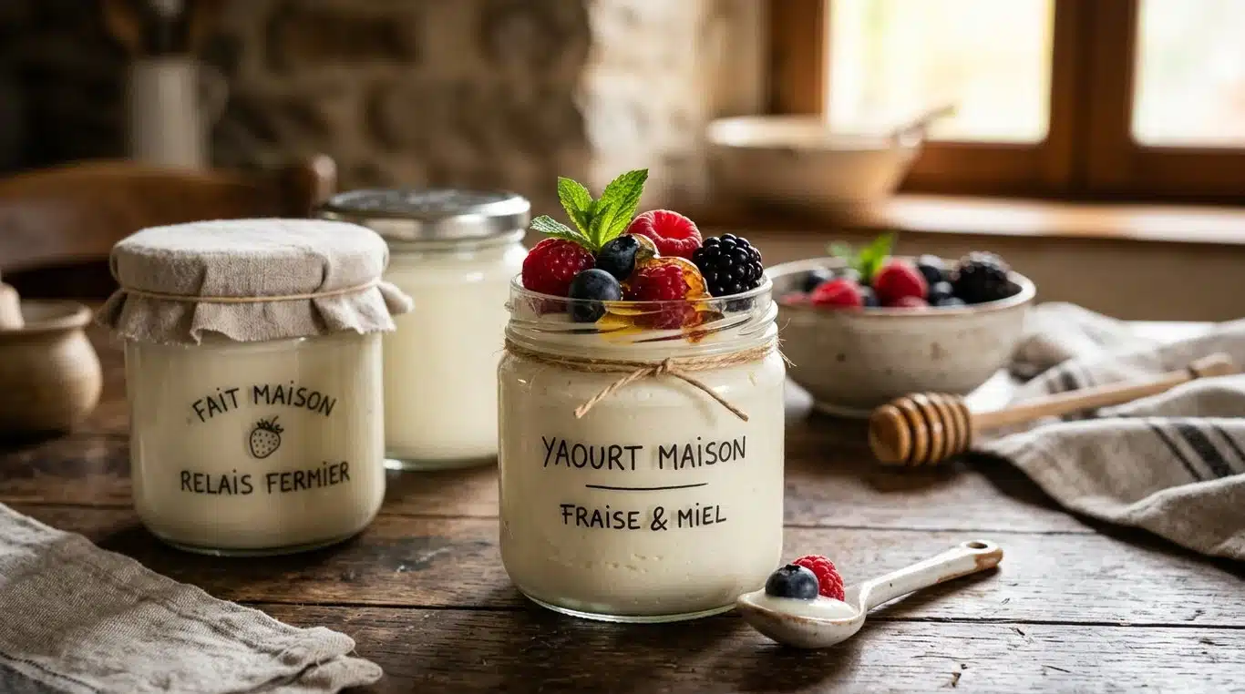 Yaourts maison onctueux dans des pots en verre avec des fruits frais