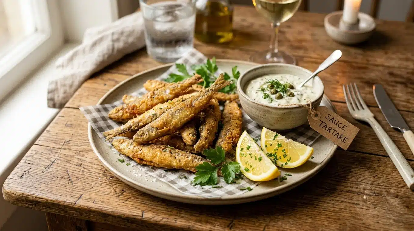 Assiette d'éperlans frits croustillants avec quartiers de citron