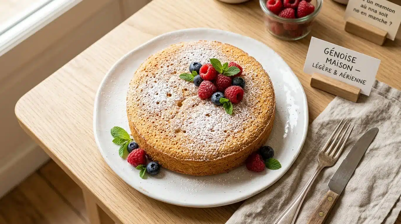 Génoise légère et aérienne sur une assiette.