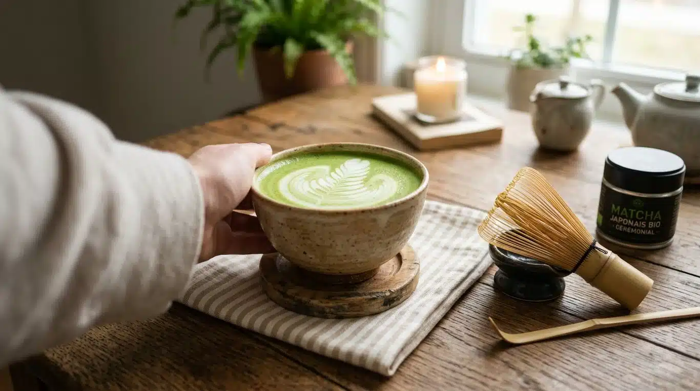 Matcha latte dans un bol en céramique avec un fouet en bambou