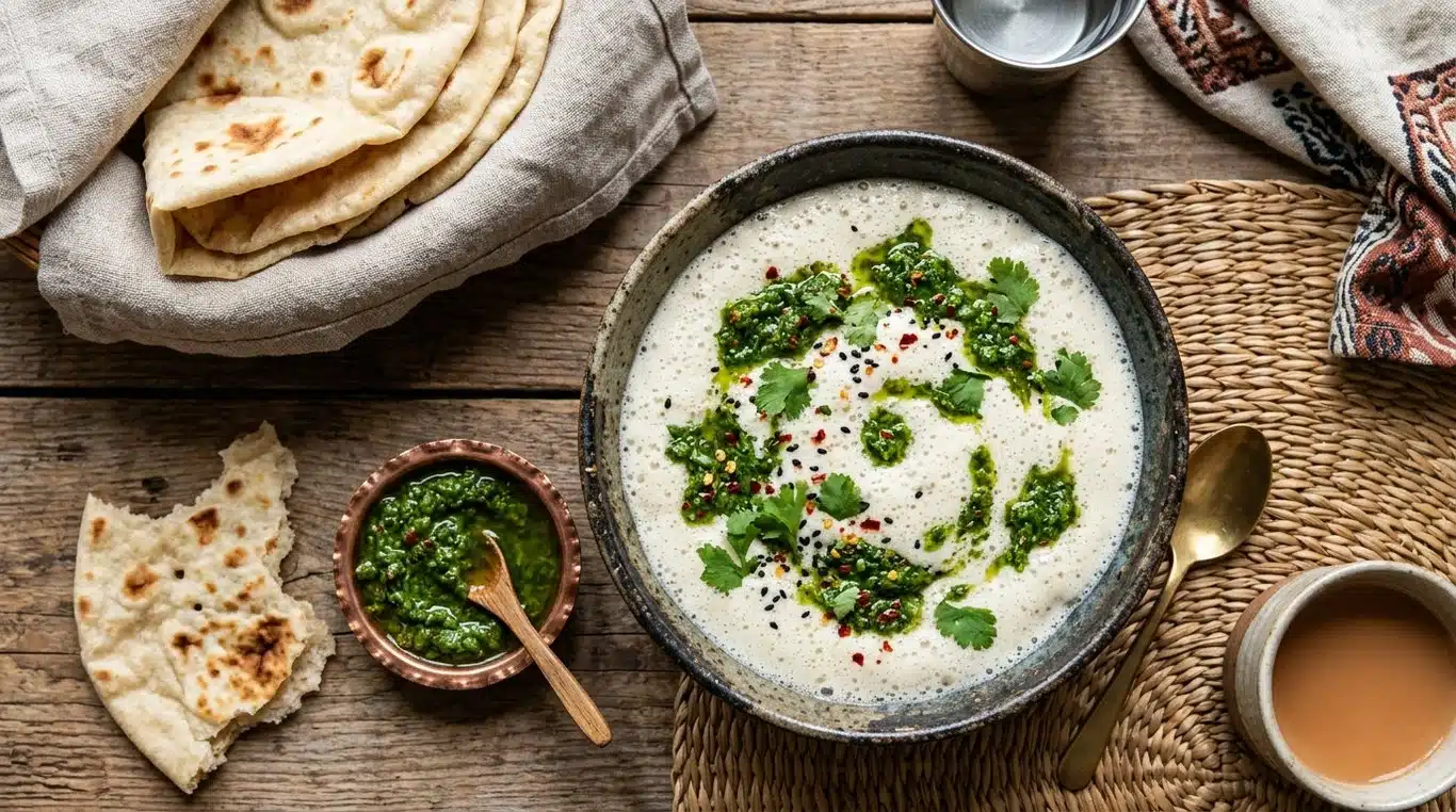 Bol de sauce Hilba traditionnelle yéménite avec sa garniture verte aux herbes