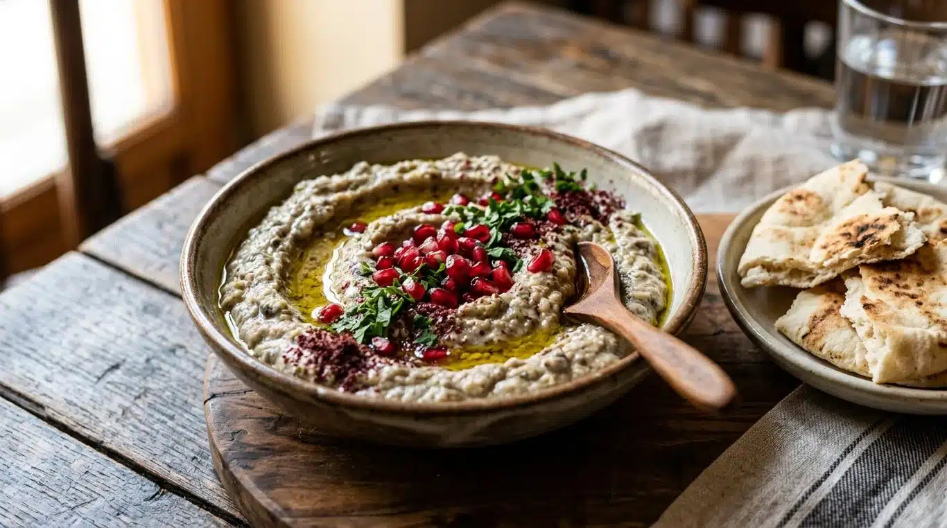 Bol de moutabal libanais traditionnel avec huile d'olive, grenade et persil