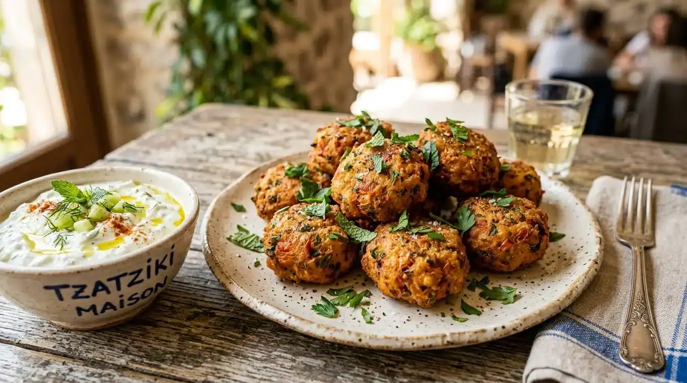 Assiette de Tomatokeftedes dorés accompagnés de tzatziki