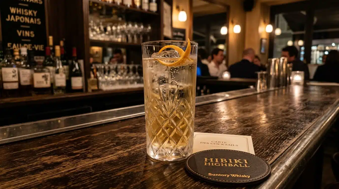 Un cocktail Hibiki Highball élégant dans un verre en cristal avec un zeste d'orange.