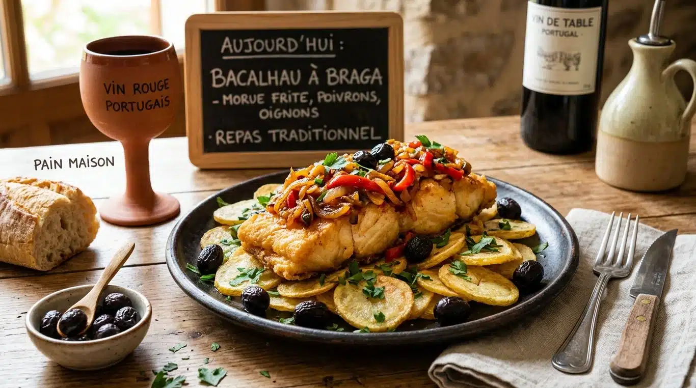 Plat traditionnel de Bacalhau à Braga avec morue frite, oignons confits et pommes de terre.