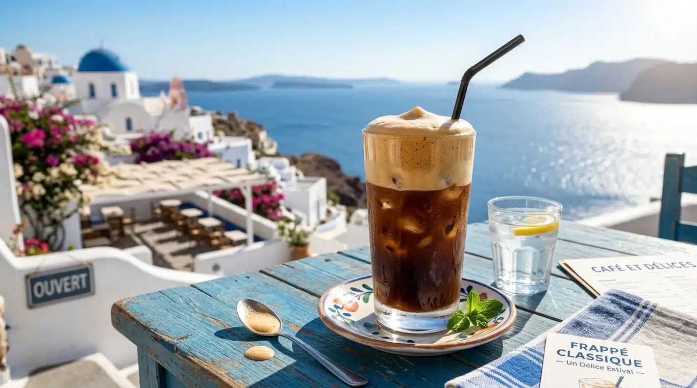 Un café frappé grec rafraîchissant avec une mousse onctueuse dans un verre haut.