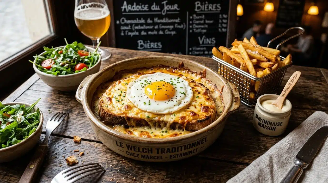 Un welsh traditionnel lillois servi dans un plat en grès avec son œuf au plat et ses frites maison.