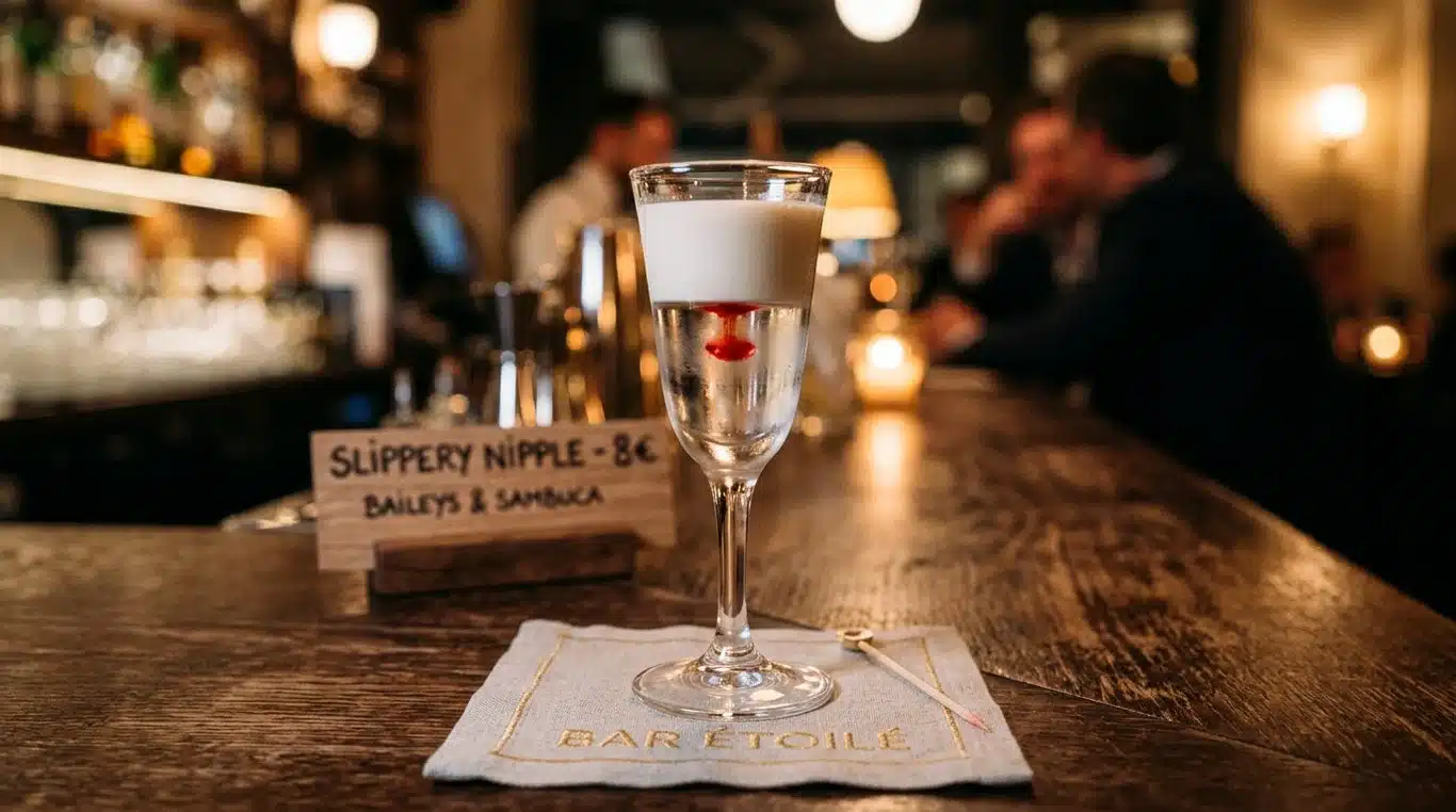 Slippery Nipple cocktail in a shot glass with distinct layers