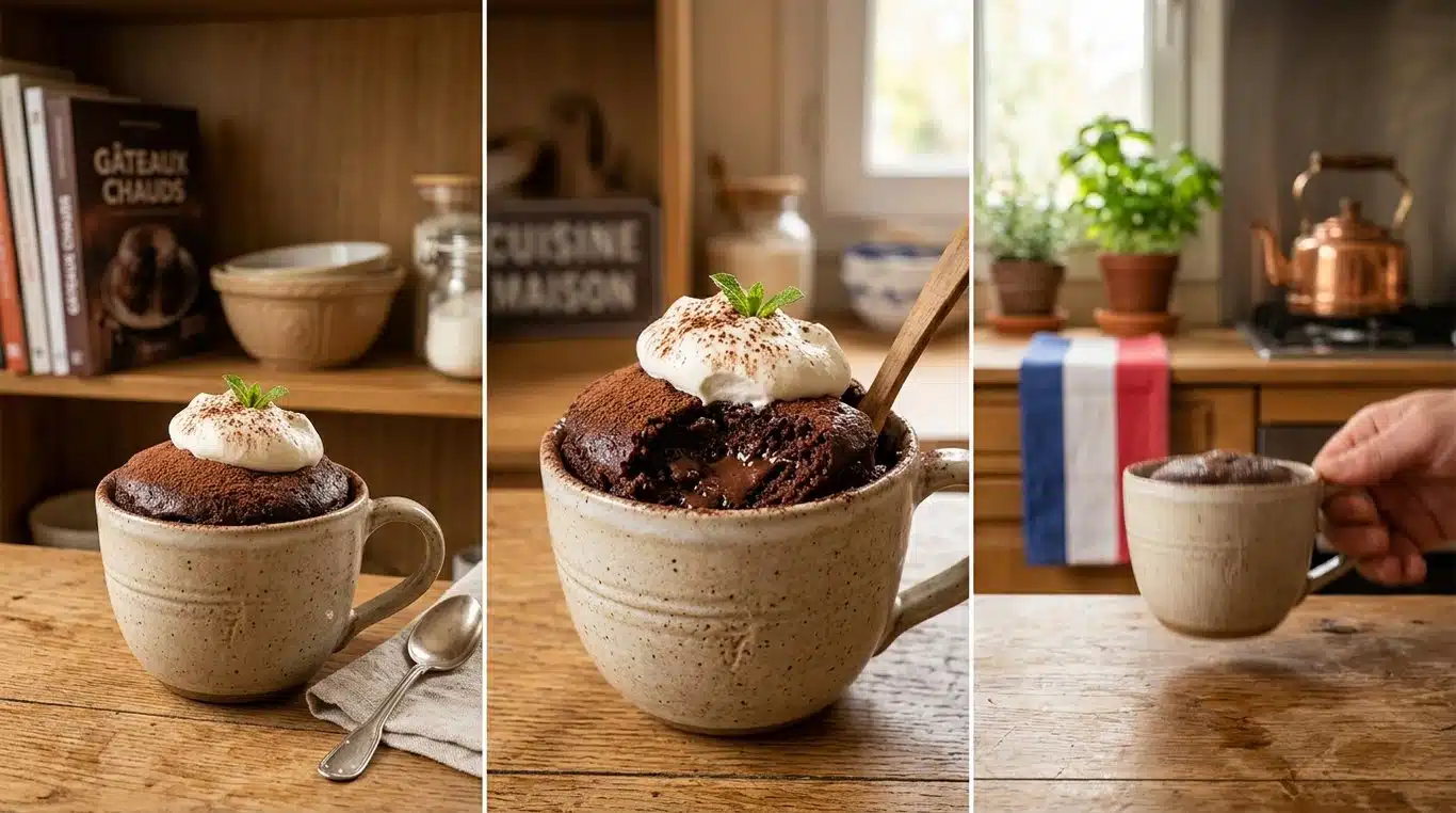Mug cake au chocolat en poudre prêt à être dégusté
