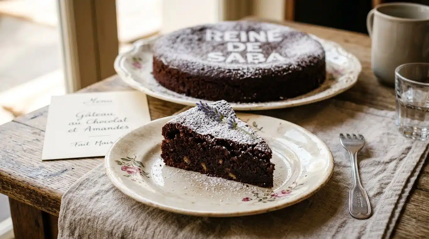 Gâteau Reine de Saba au chocolat, texture fondante et croûte craquelée.