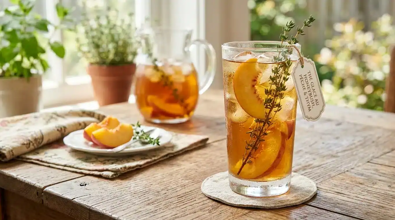 Verre de thé glacé au honeybush, pêches et thym