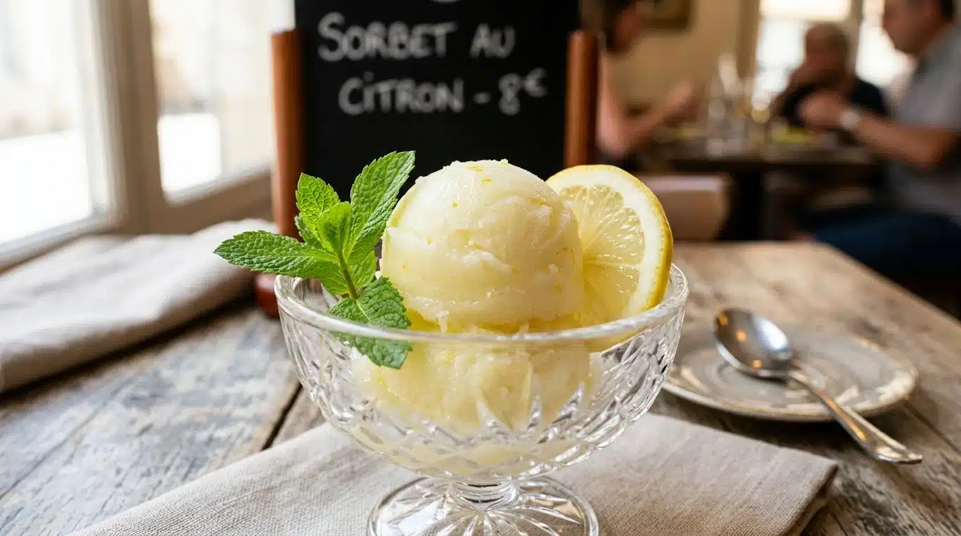 Sorbet au citron maison onctueux servi dans une coupe en cristal avec une feuille de menthe.