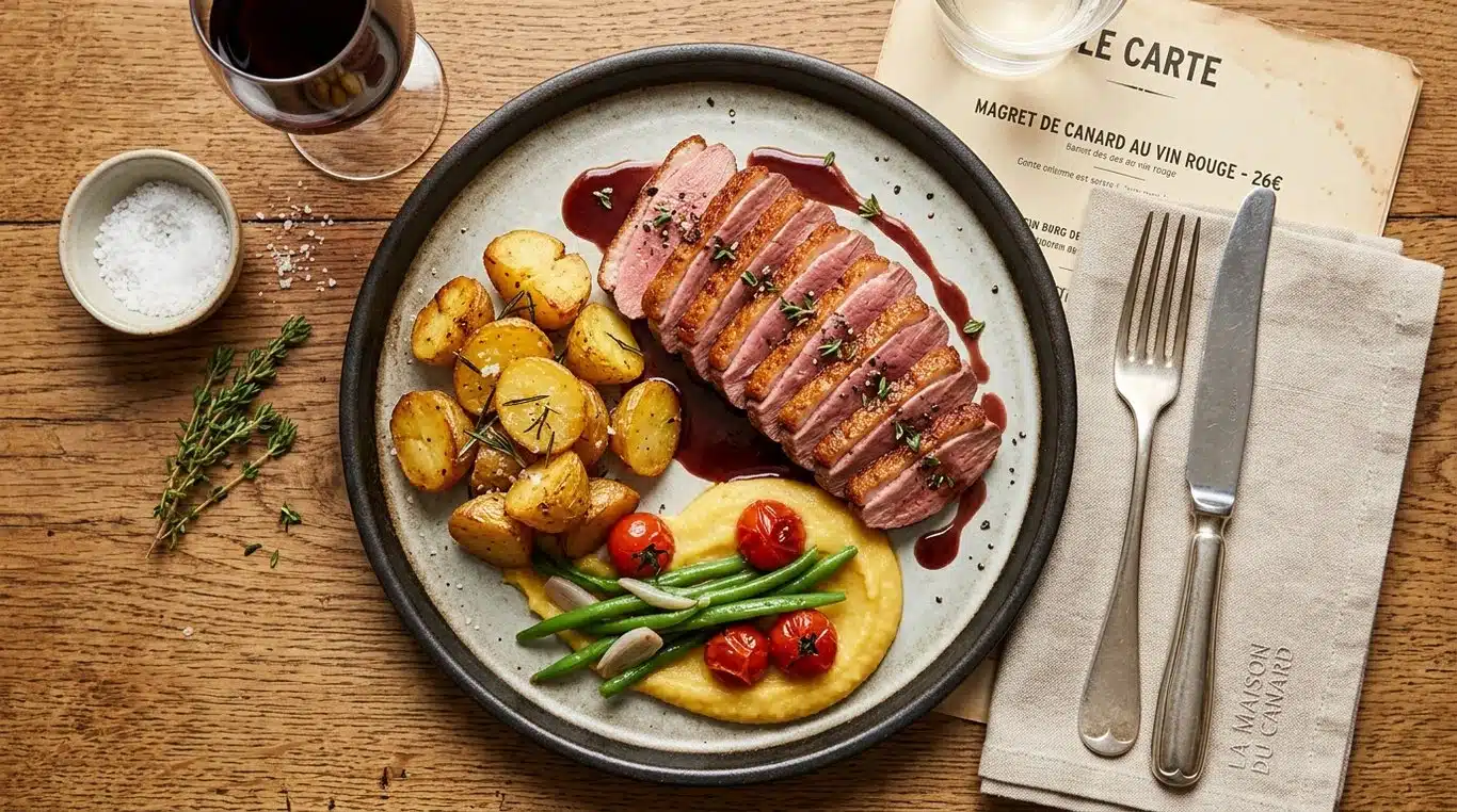 Magret de canard tranché servi avec des pommes de terre sautées, prêt à être dégusté.